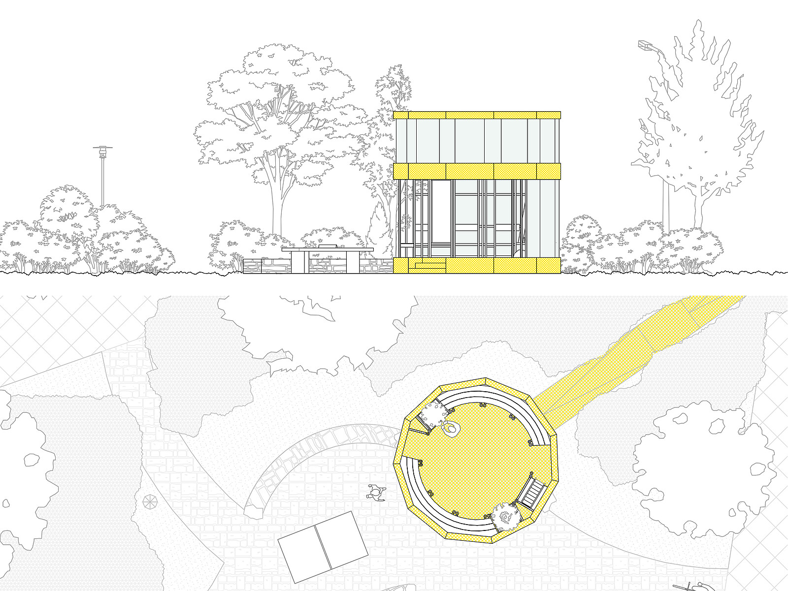 Ansicht und Grundriss des "Tower21", Zeichnung: Noibau