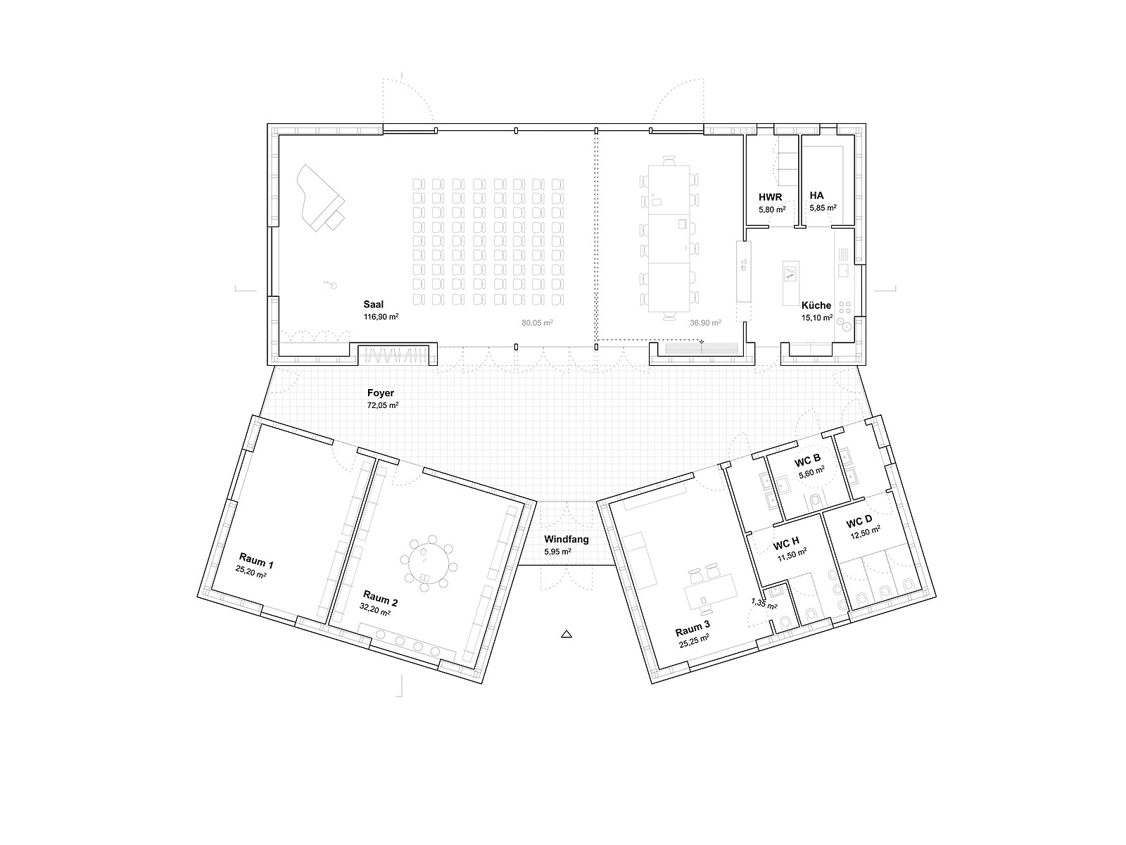 Grundriss: Viel flexibel nutzbare Fläche für die Dorfgemeinschaft   © Atelier Fanelsa